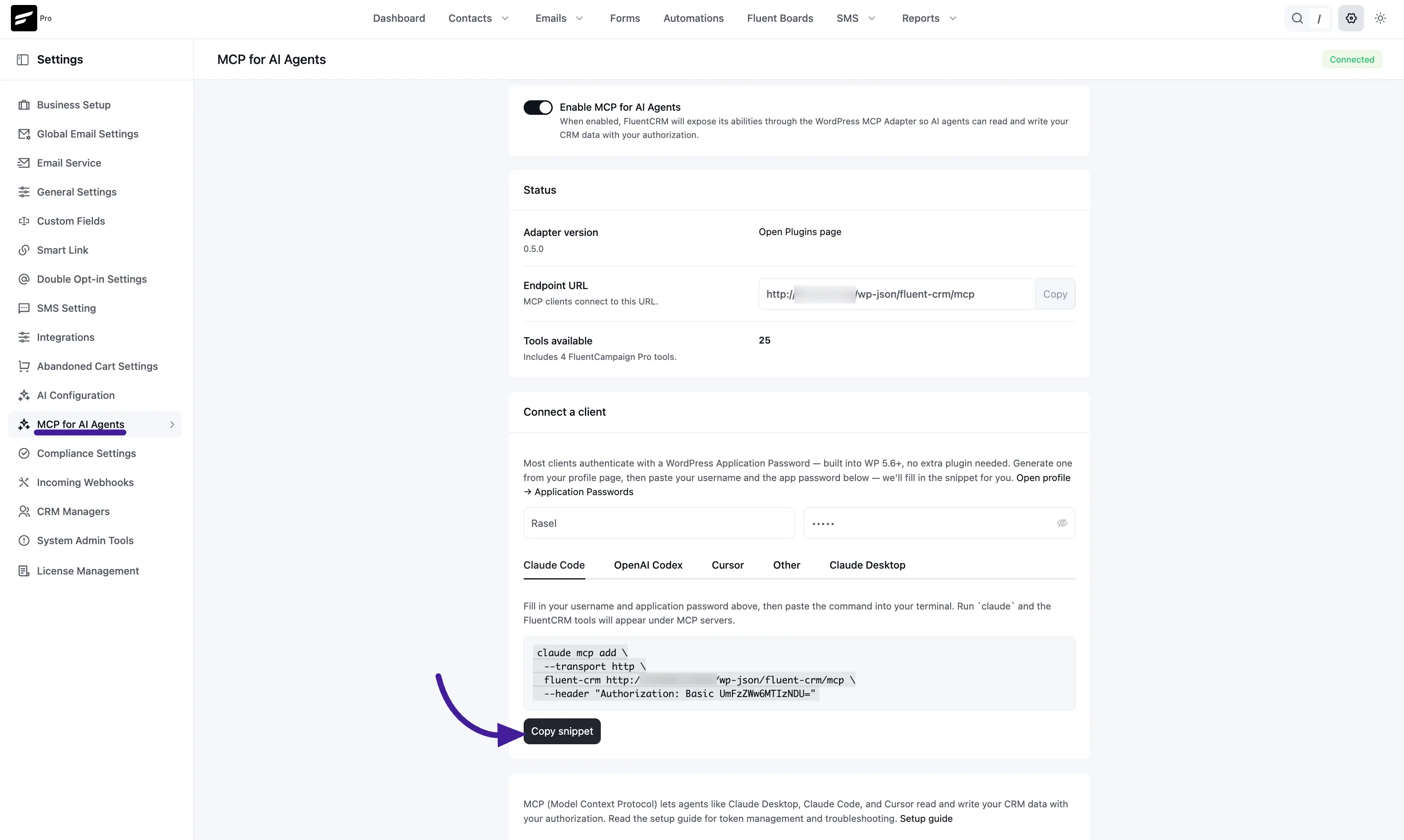 MCP for AI Agents — Connected state with Status and Connect a client panels