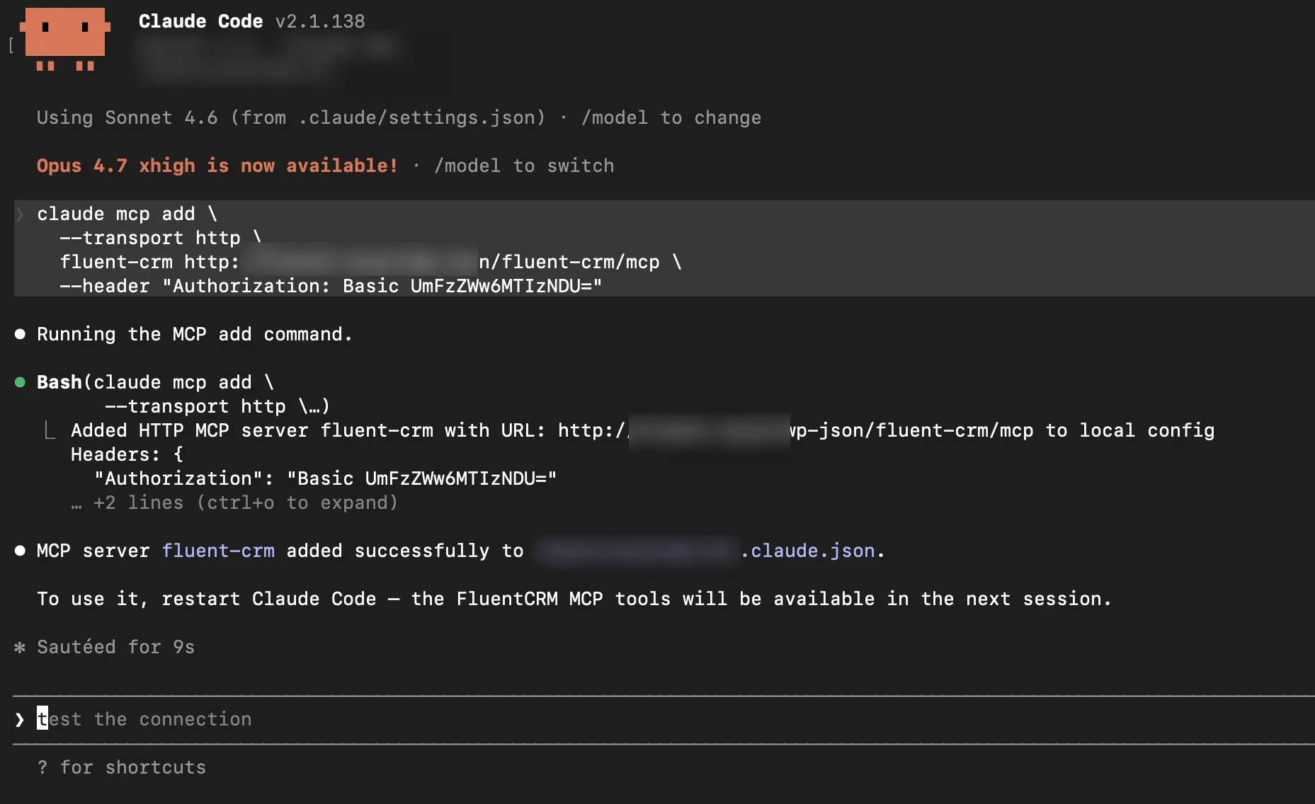 Claude Code terminal showing successful MCP server registration