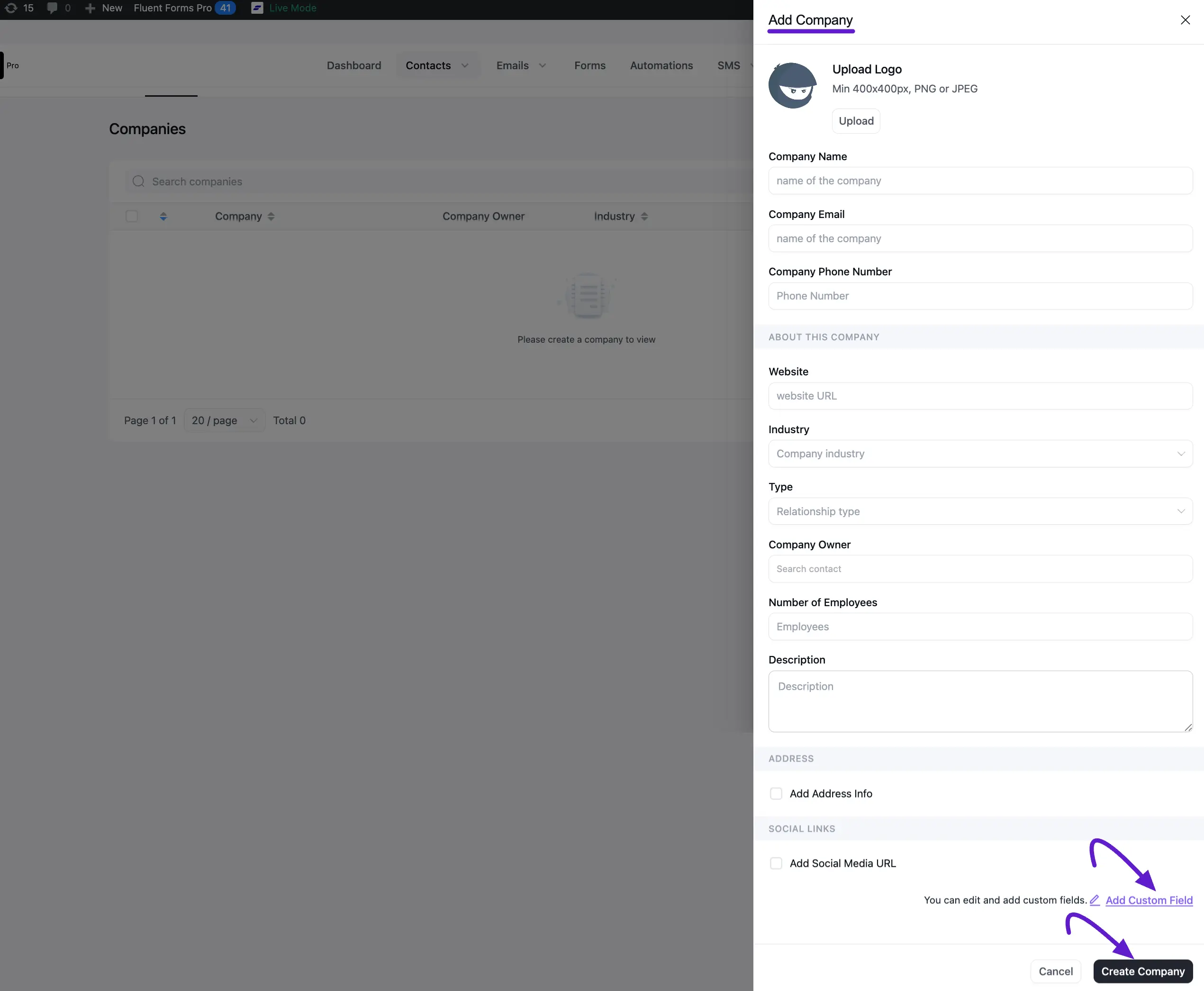 create company popup page