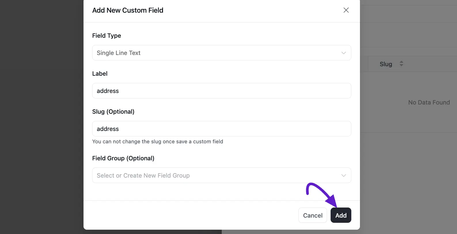 final popup page for adding custom field
