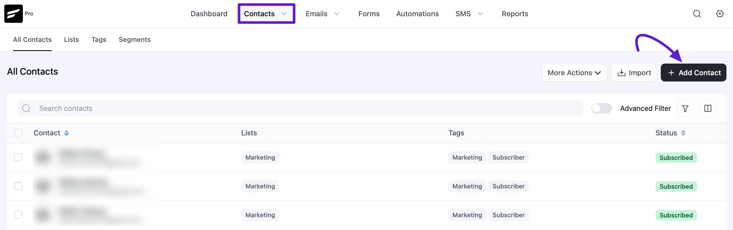 + add contacts button