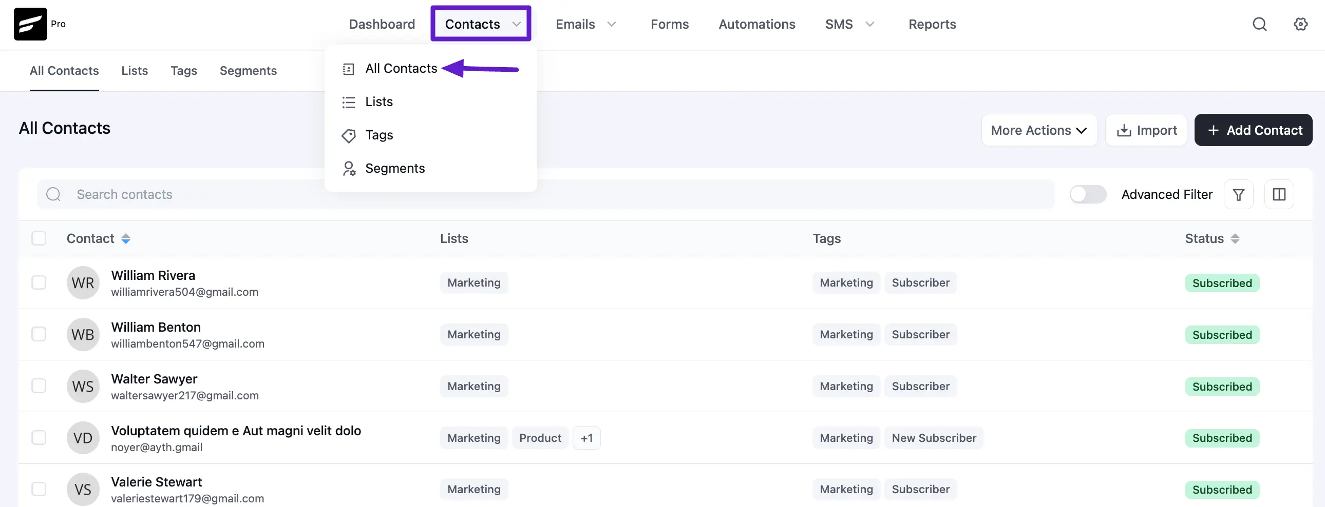 All contacts option from contacts section