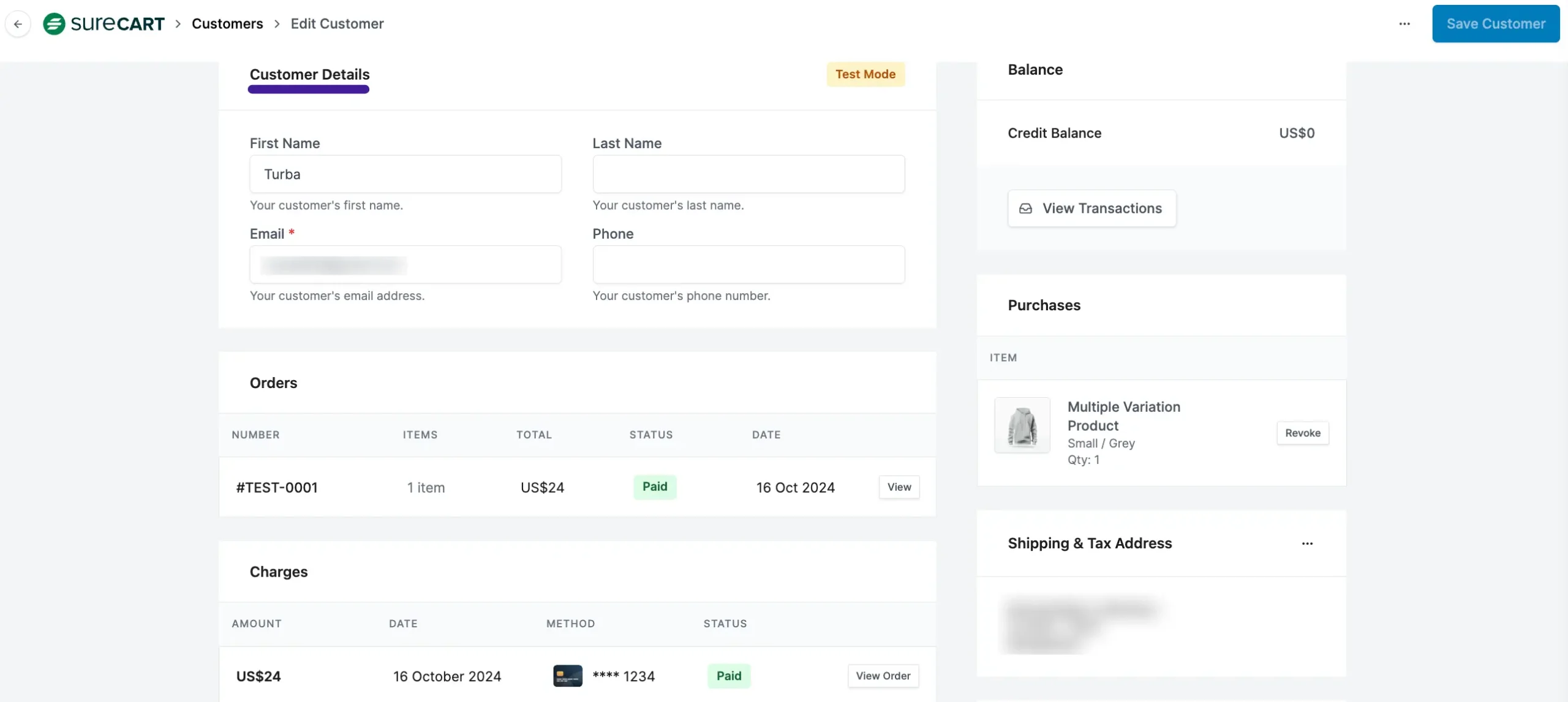 surecart customer details
