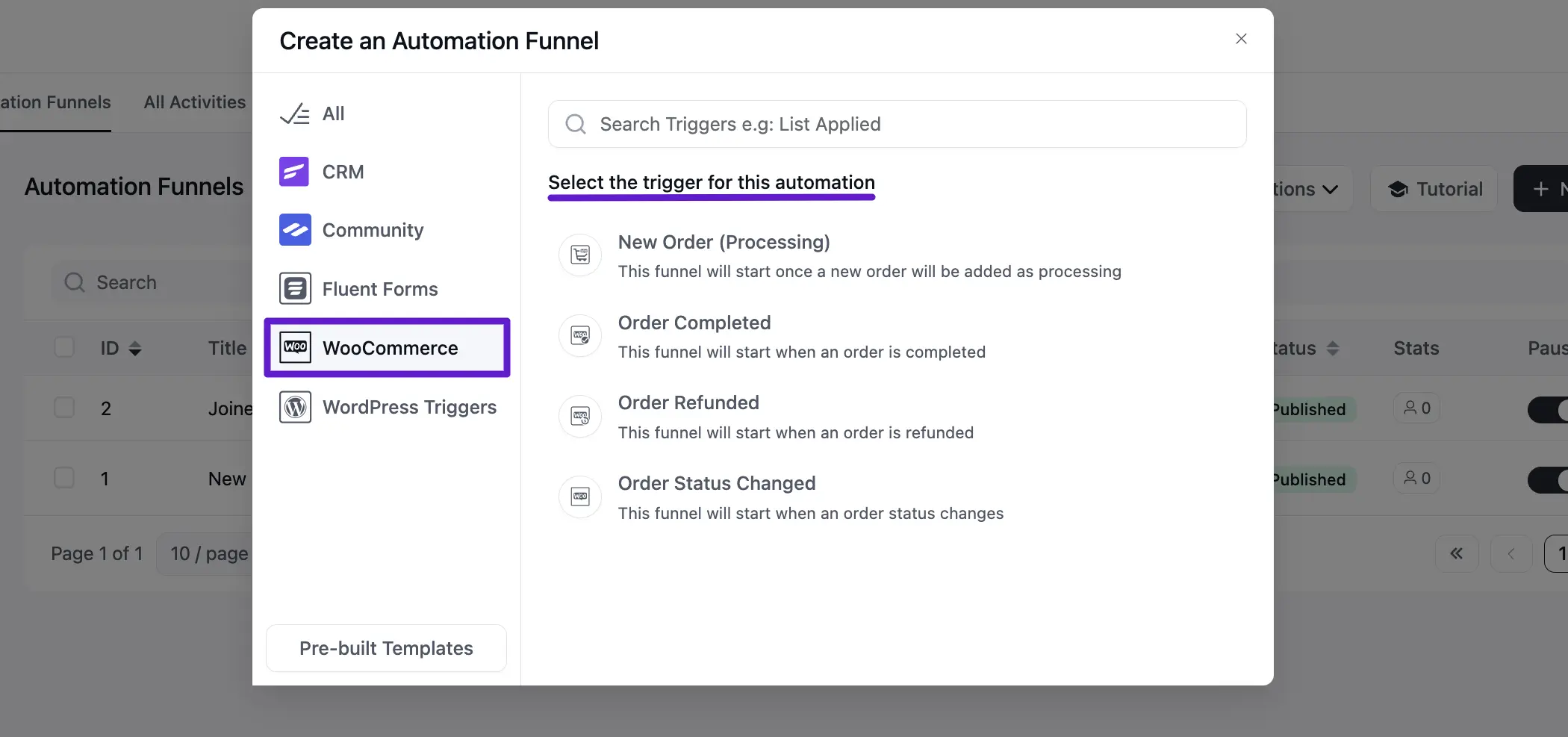 automations triggers woocommerce fluentcrm