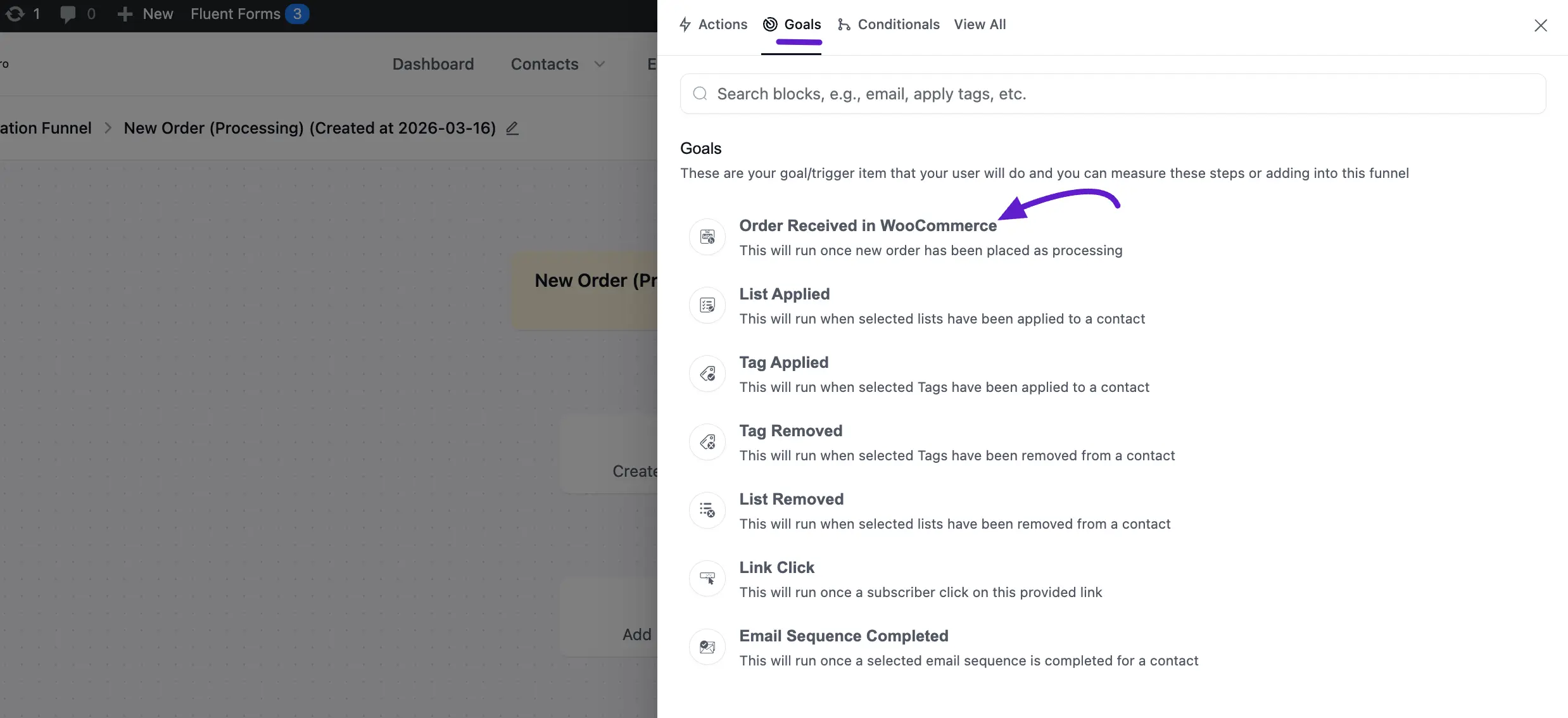 goal action in woocommerce funnel
