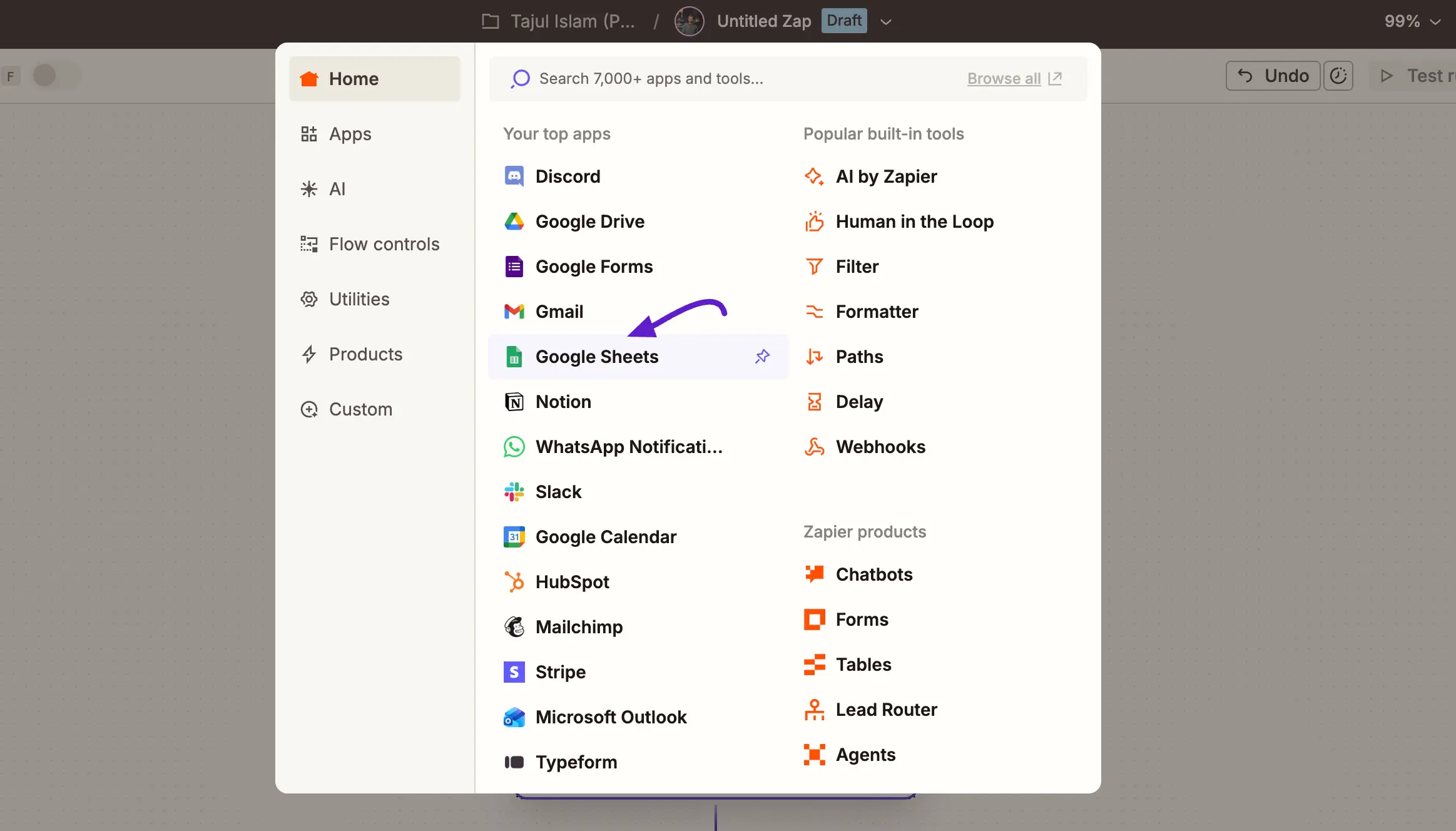select google sheets action in zapier