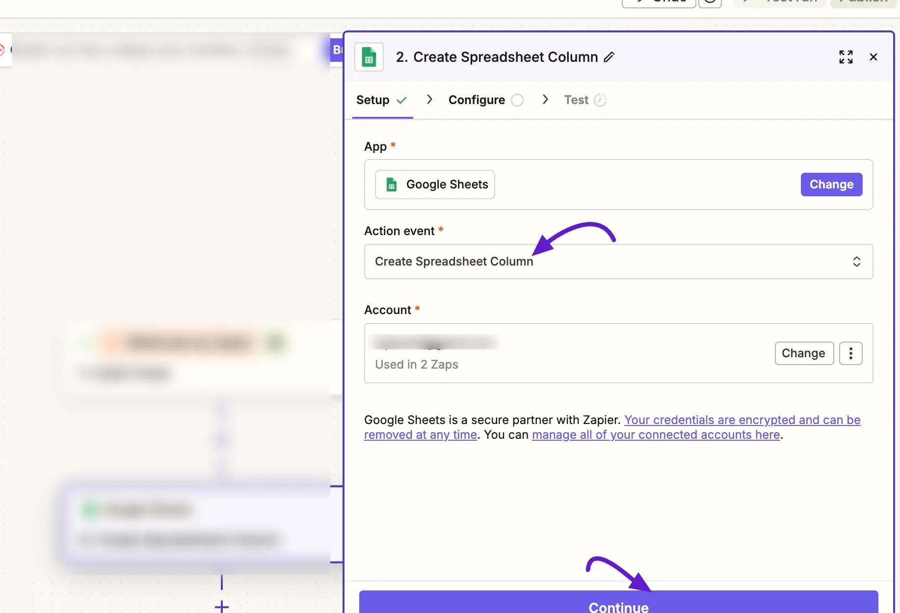 configuring google sheets action in zapier