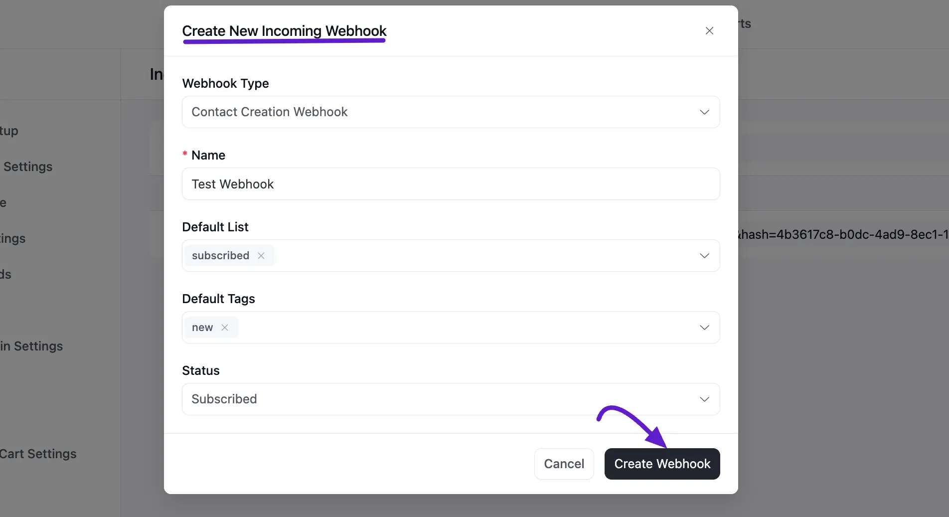 creating an incoming webhook in fluentcrm