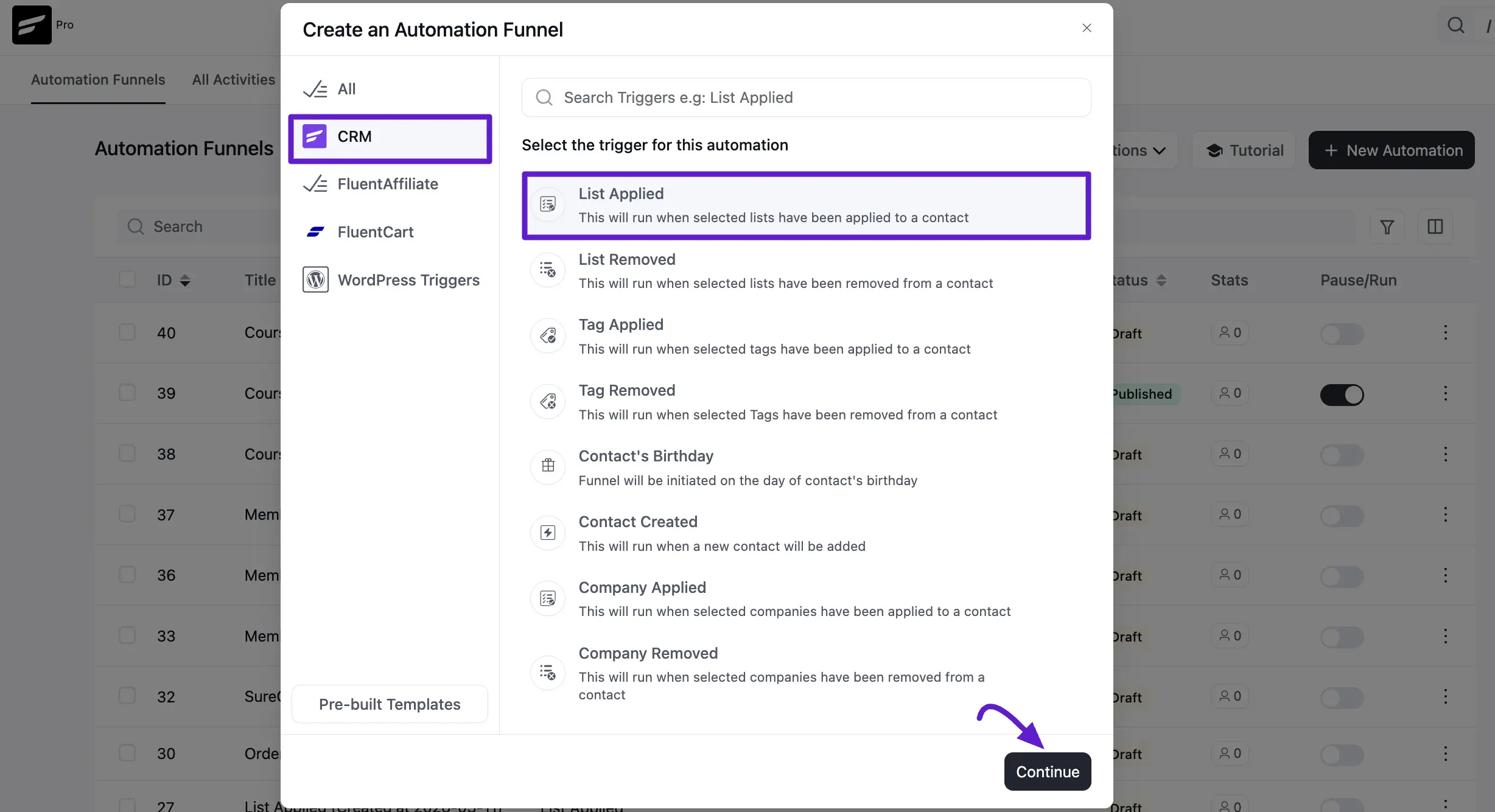 creating an automation in fluentcrm