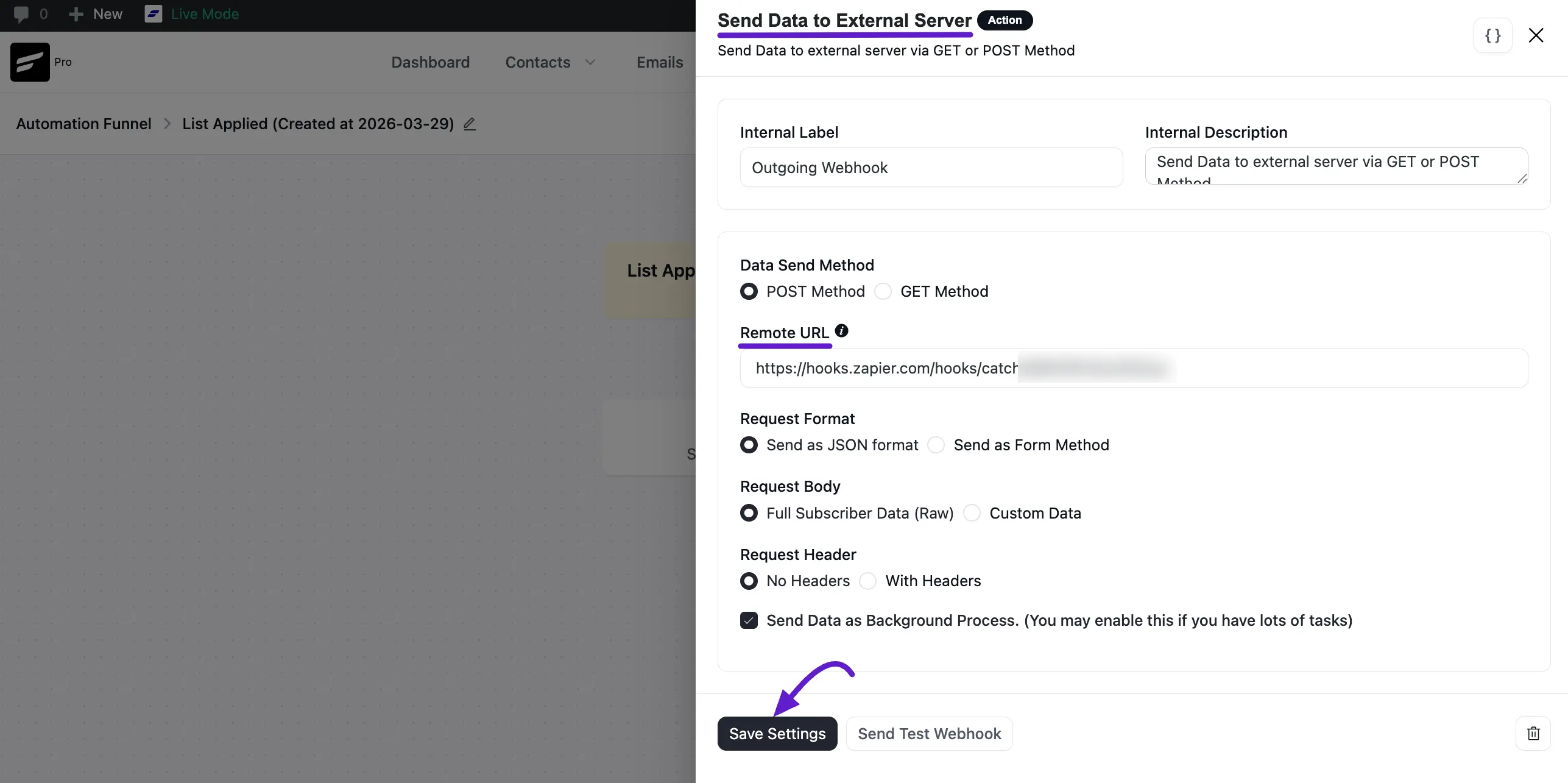 configuring outgoing webhook in. fluentcrm