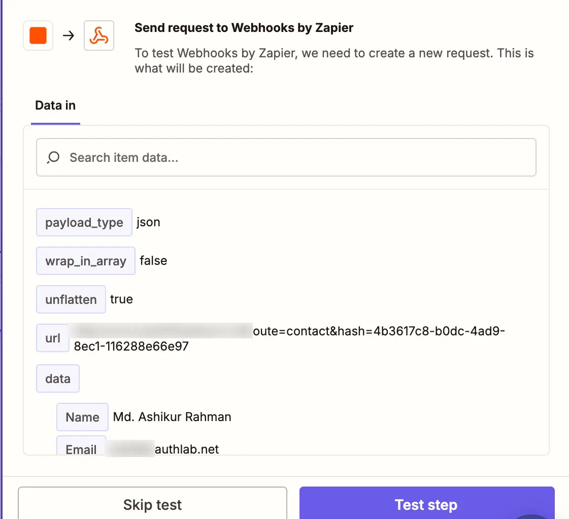 test action webhook in zapier