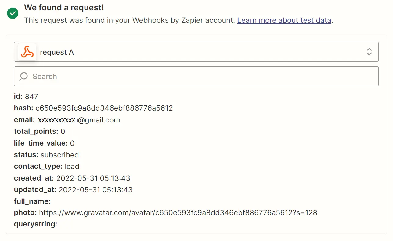 webhook test in zapier