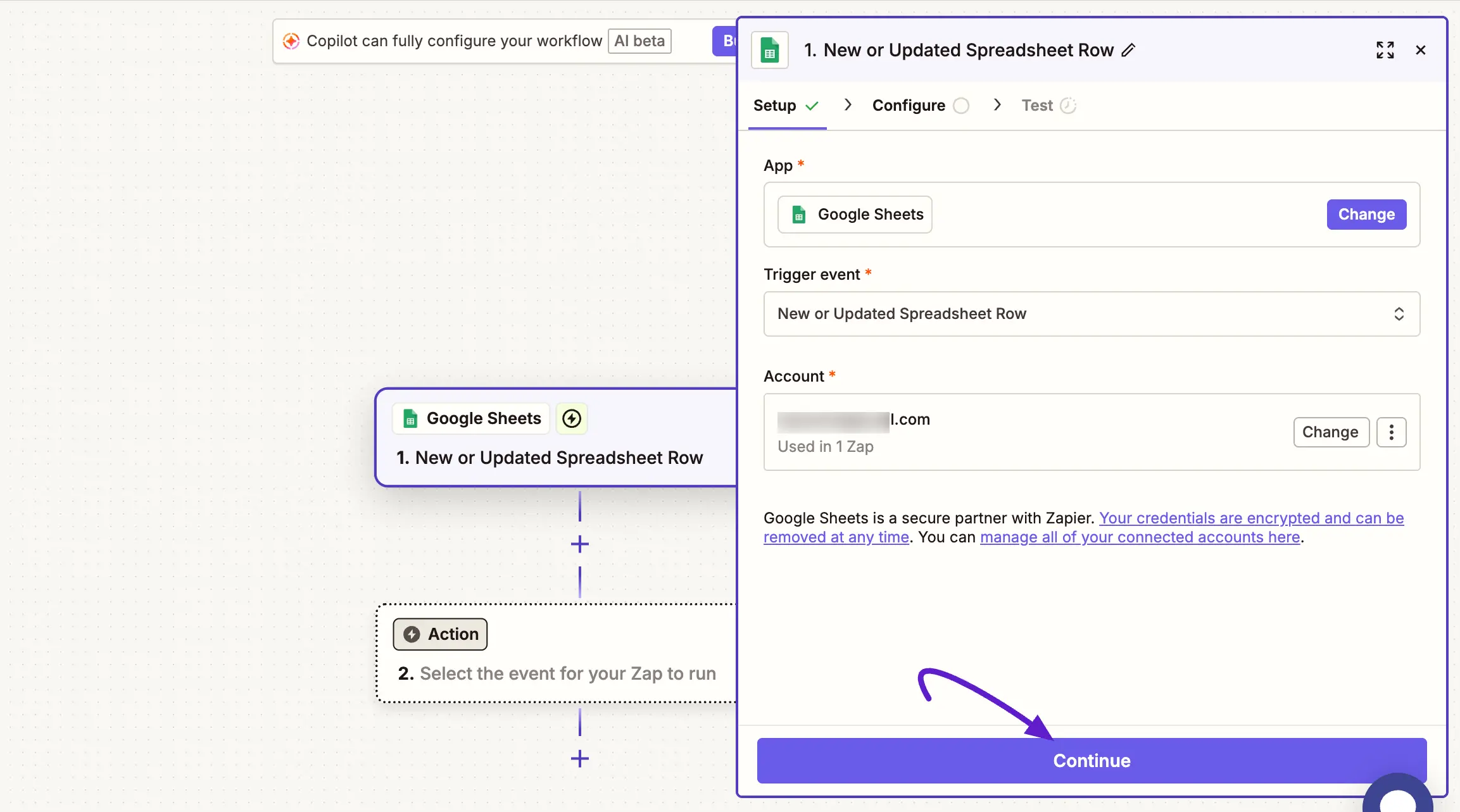 configuring google sheets trigger in zapier