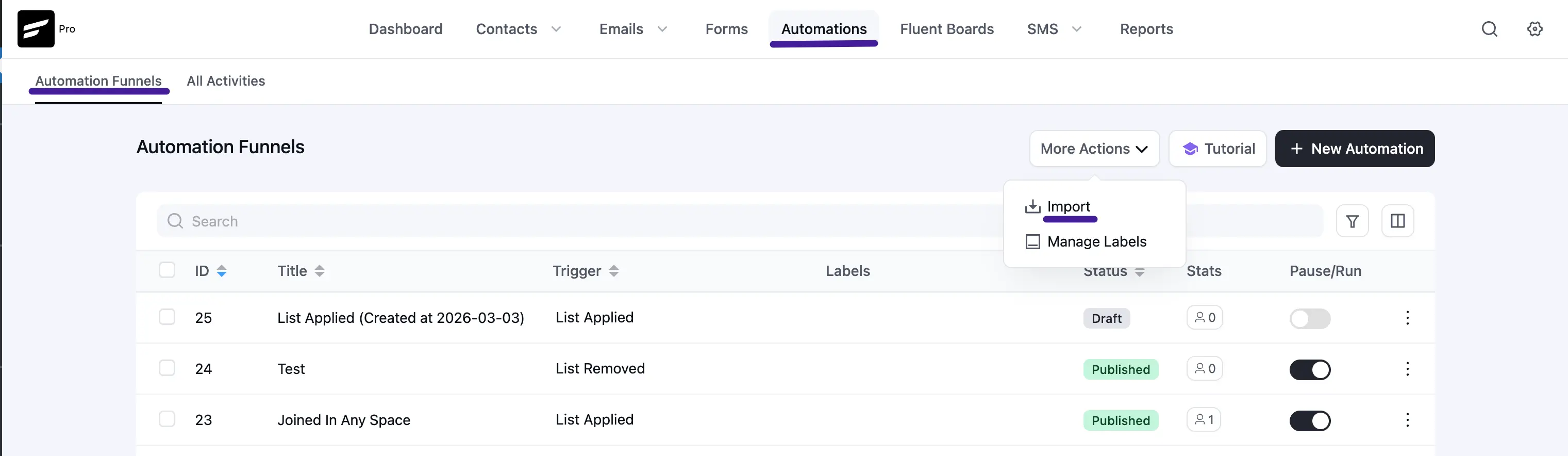 automations funnel export import