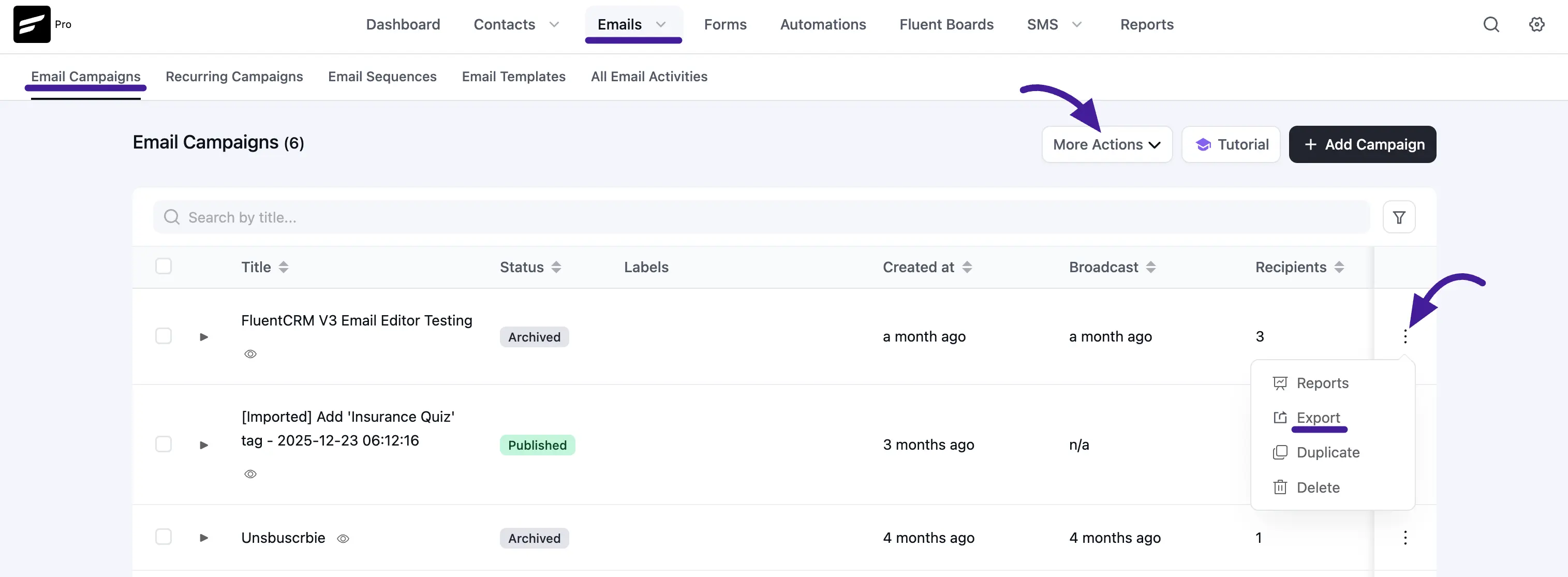 email campaign export import