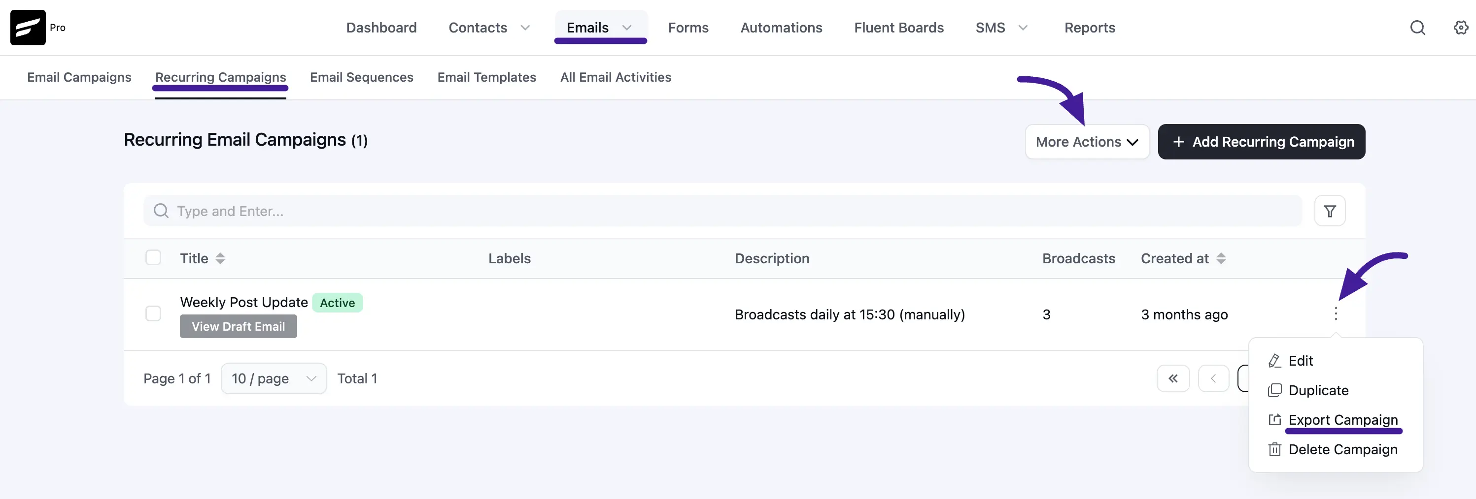recurring email campaigns export import