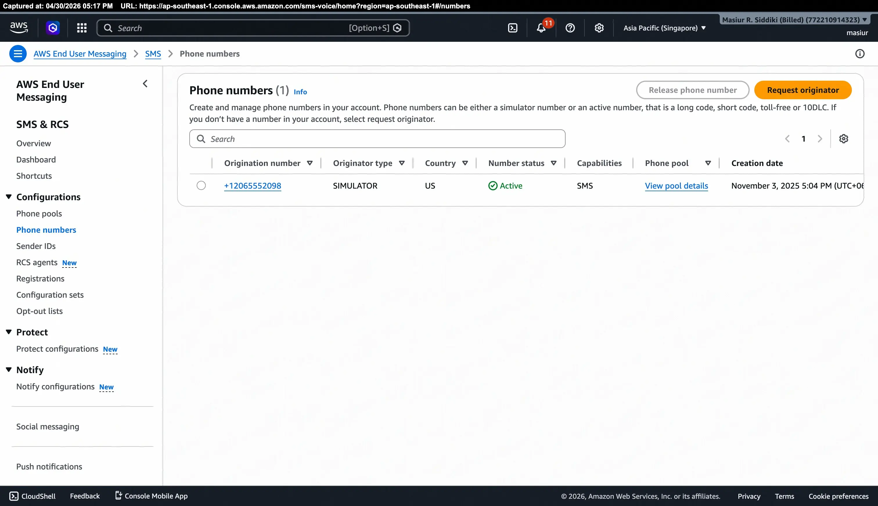Phone numbers list in AWS End User Messaging