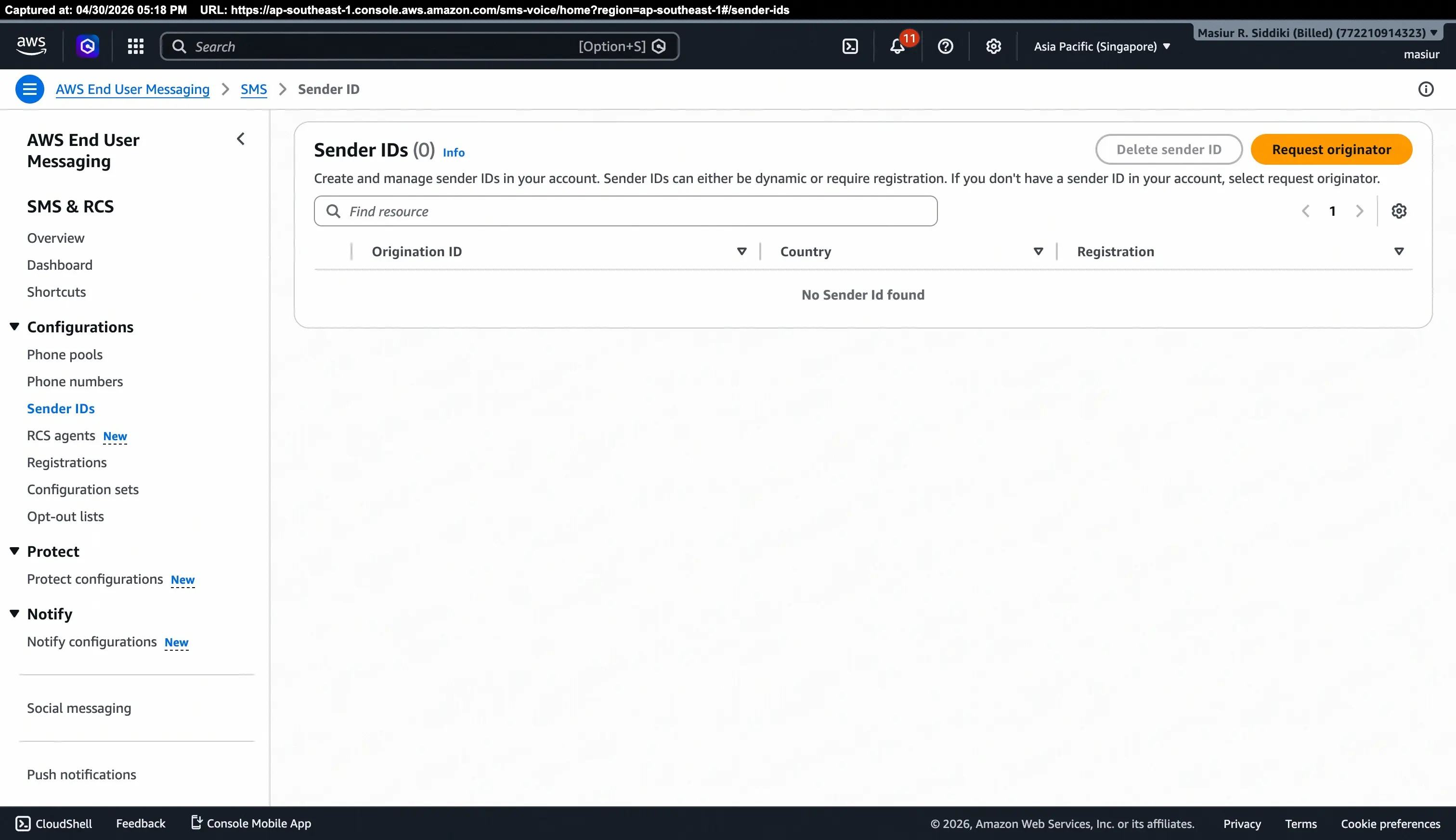 Sender IDs page in AWS End User Messaging