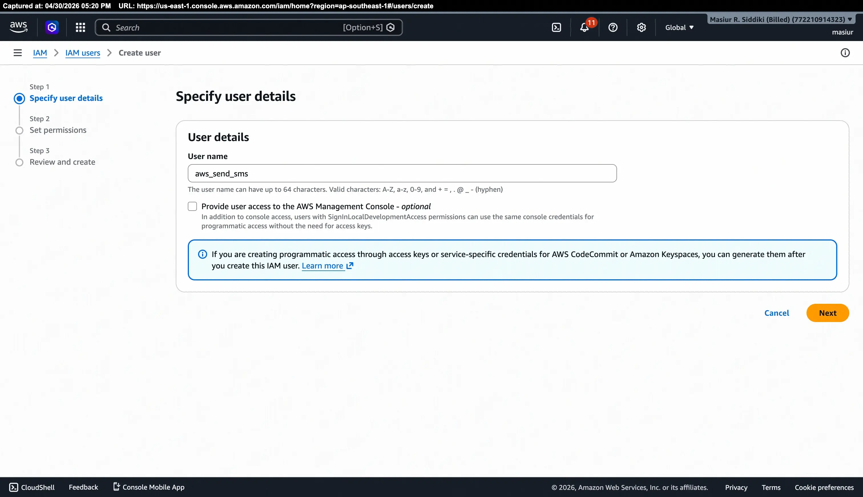 Create user – specify user details