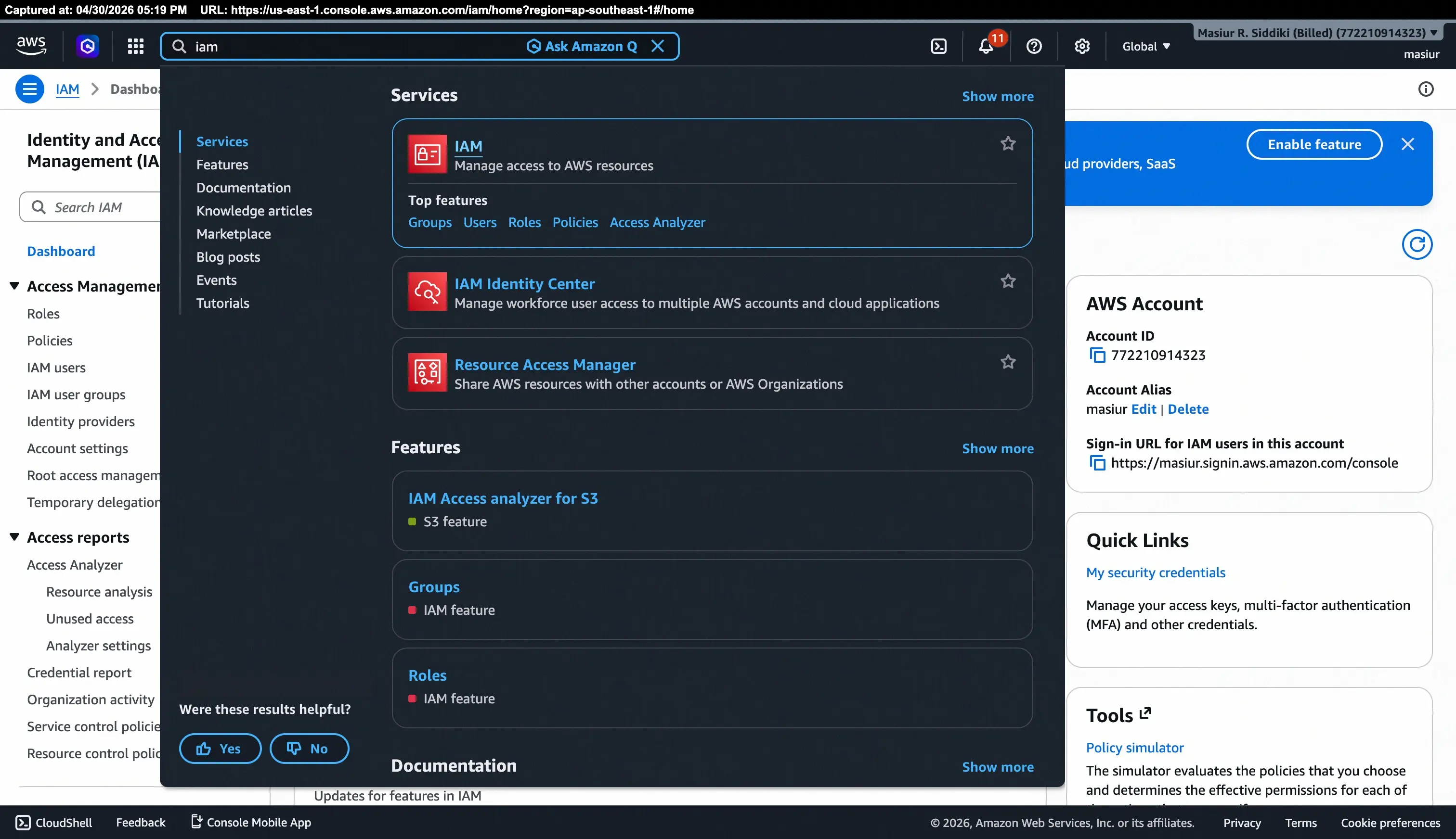 Search for IAM in AWS Console