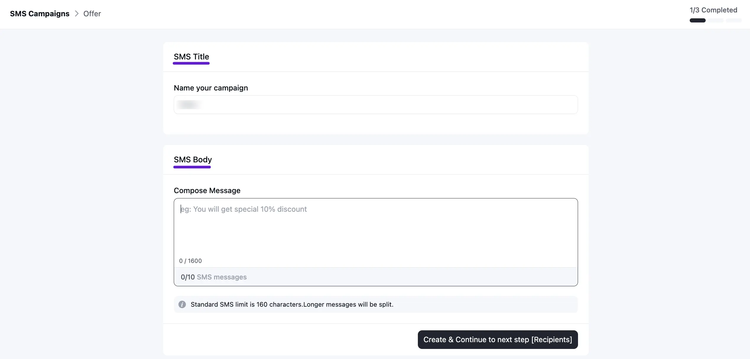 SMS campaign step 1 — title, body, and segment counters