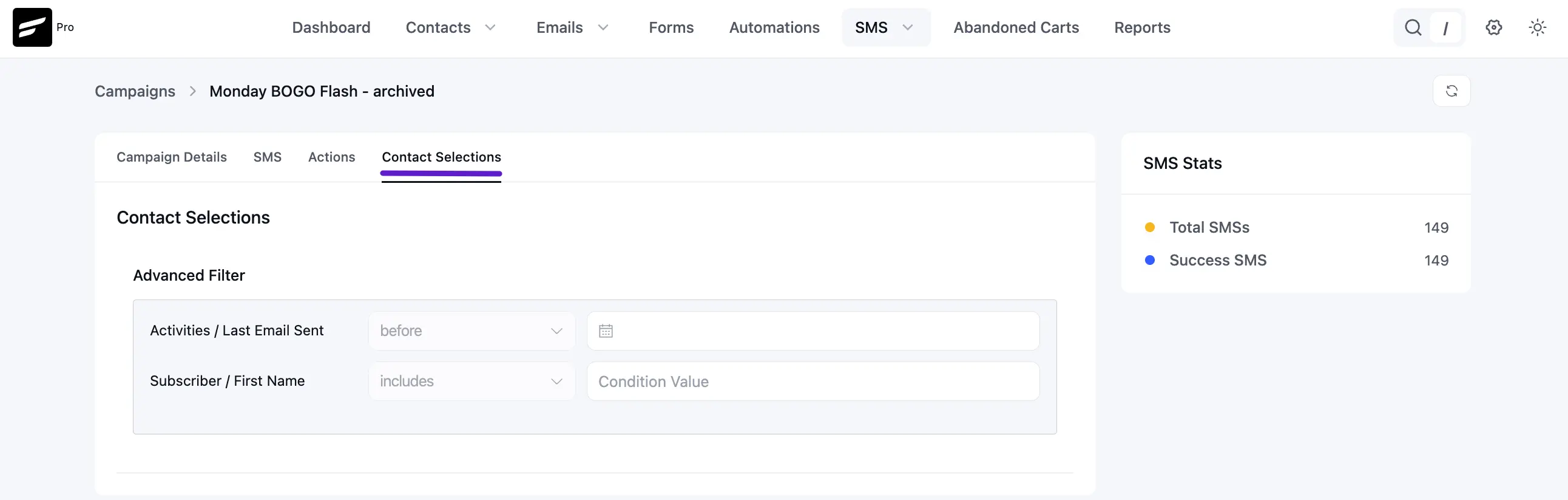 Contact selections tab with original audience filters