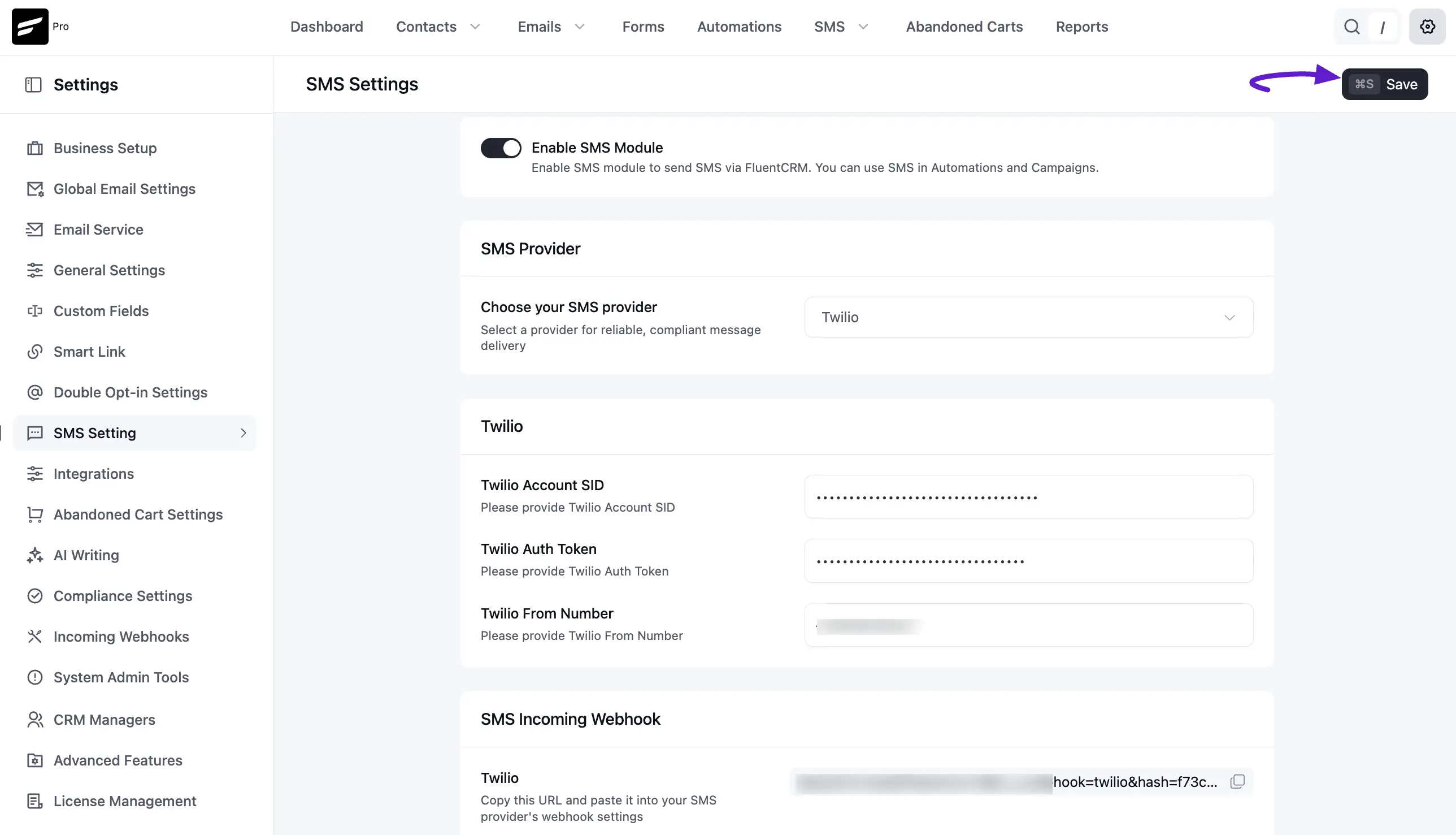 Configure FluentCRM Twilio Settings